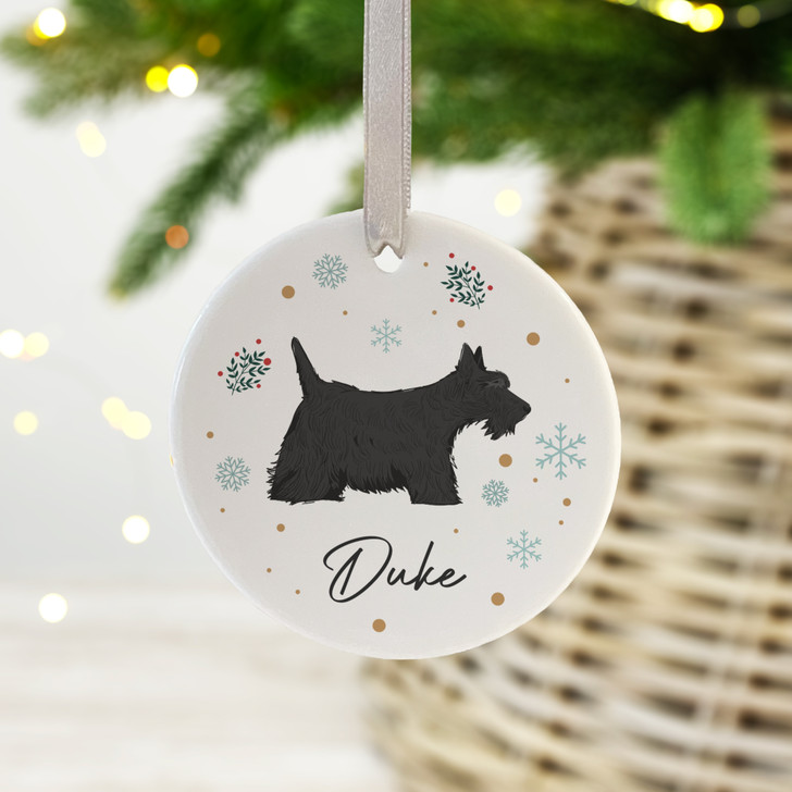 Personalised Scottish Terrier Ceramic Christmas Decoration, Dog Xmas Bauble