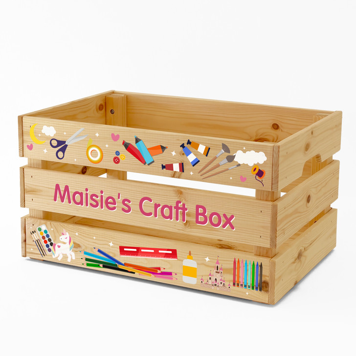Personalised Kids Arts & Crafts Large Wooden Storage Box Crate For GIRLS