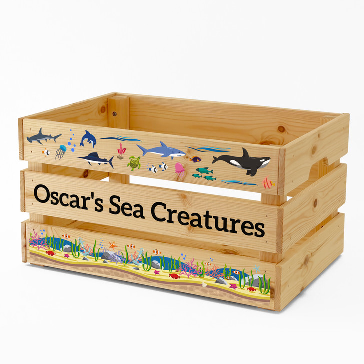 Personalised Kids Toy Sea Creatures and Animals Large Wooden Storage Toy Box Crate