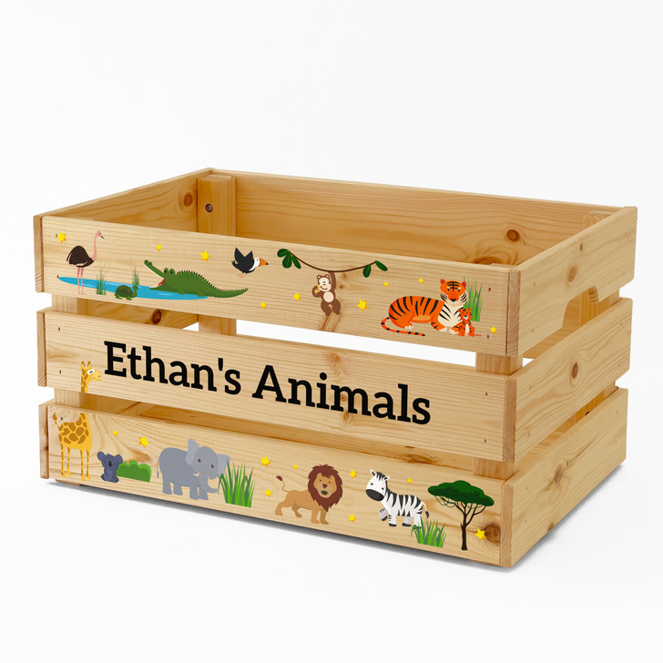 Personalised Kids Toy Wild Safari Animals Large Wooden Storage Toy Box Crate for Children