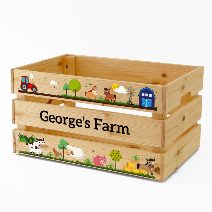Personalised Kids Toy Farm Animals Large Wooden Storage Toy Box Crate for Children
