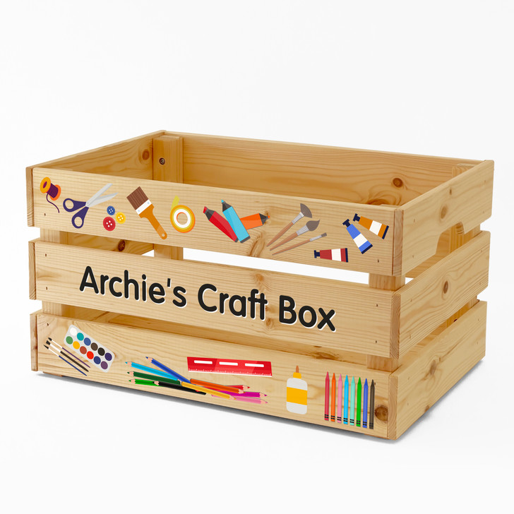 Personalised Kids Arts & Crafts Large Wooden Storage Box Crate For Children BOY or GIRL
