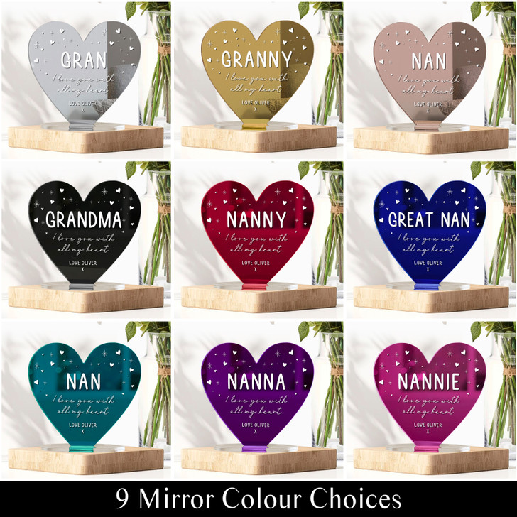 Personalised Mirror Heart Plaque Ornament Gift For Nana