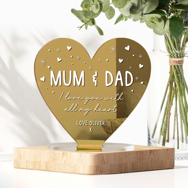 Personalised Mirror Heart Plaque Ornament Gift For Mum & Dad