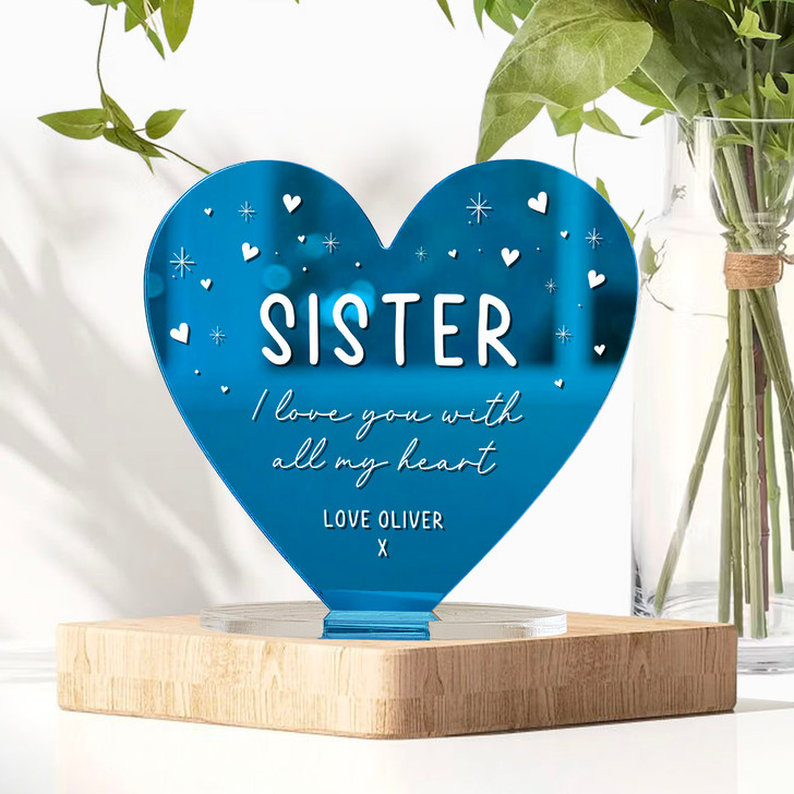 Personalised Mirror Heart Plaque Ornament Gift For Sister
