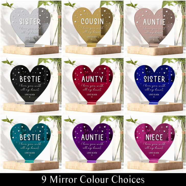 Personalised Mirror Heart Plaque Ornament Gift For Aunty