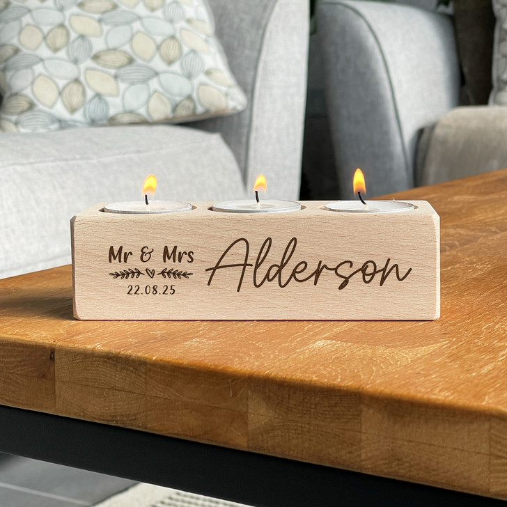 Mr & Mrs Personalised Wooden Tealight Candle Holder - Wedding or Anniversary Gift