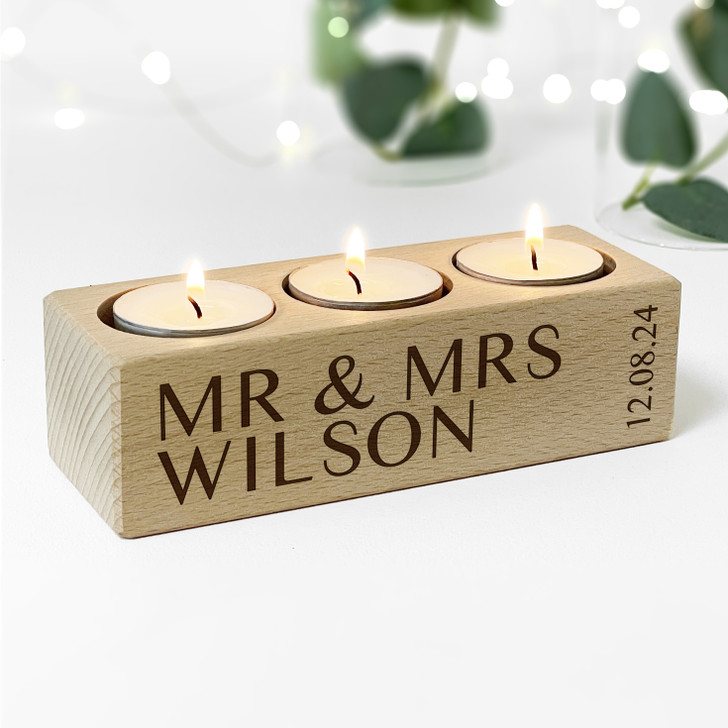 Personalised Laser Engraved Tealight Candle Holder For Mr & Mrs - Wedding or Anniversary Gift