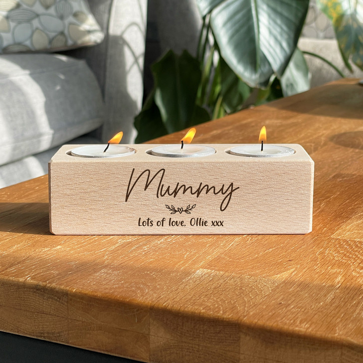 Personalised Wooden Tealight Candle Holder Gift For Mum or Mummy