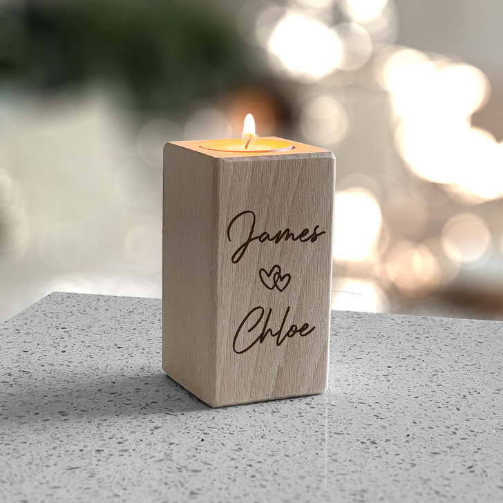 Personalised Entwined Names Engraved Wooden Tealight Candle Holder Gift