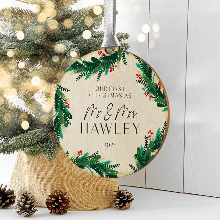 Personalised First Christmas As Mr & Mrs Wooden Christmas Bauble