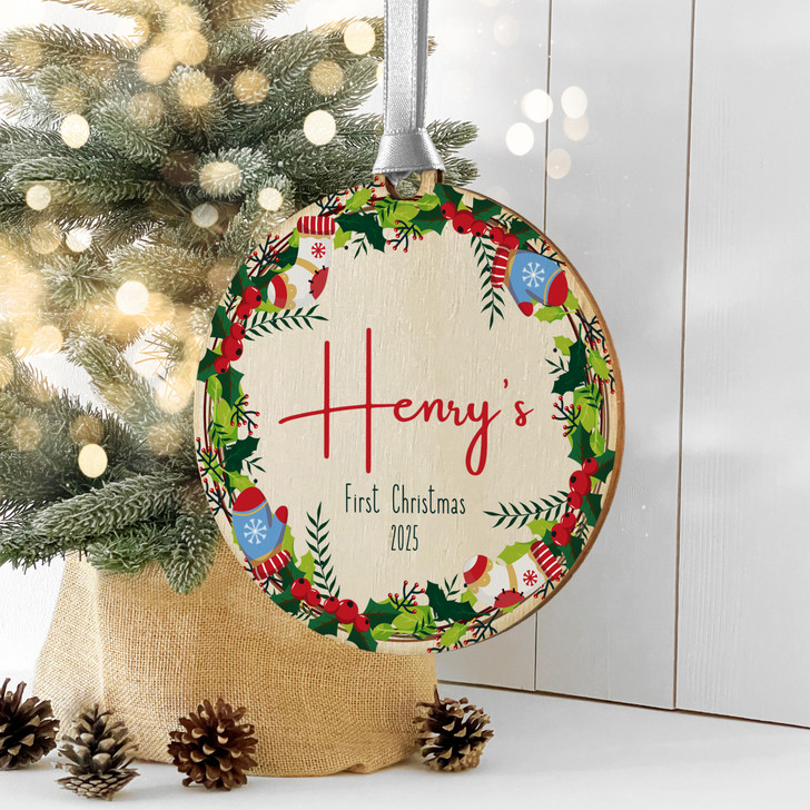 Personalised Baby's First Christmas Bauble, Wooden Keepsake Xmas Ornament Gift