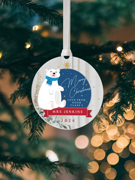 Personalised Teachers Mirror Christmas Bauble, Polar Bear Decoration Gift