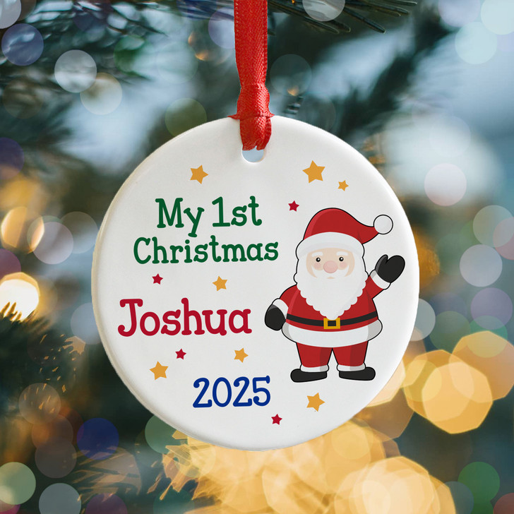 Baby's First Christmas Personalised Ceramic Decoration, 1st Christmas Santa Xmas Tree Bauble, Baby's 1st Christmas