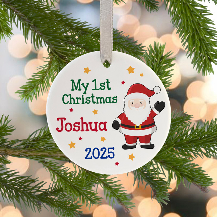 Baby's First Christmas Personalised Ceramic Decoration, 1st Christmas Santa Xmas Tree Bauble, Baby's 1st Christmas