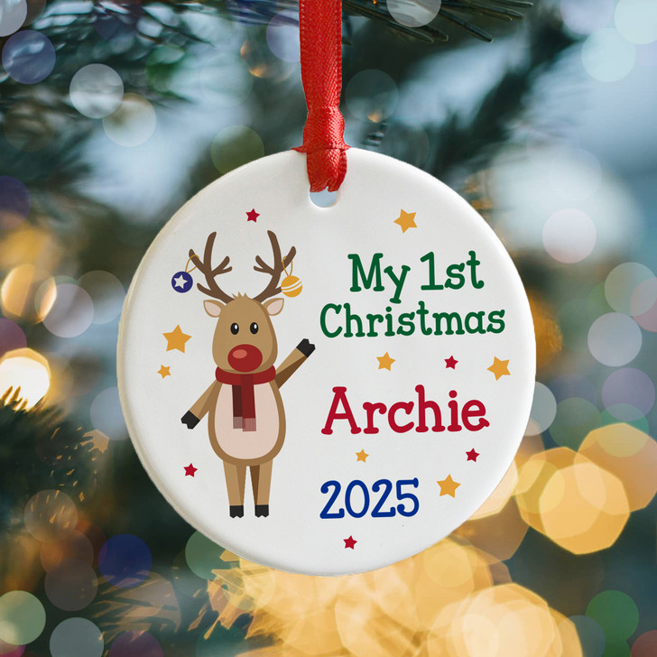 Baby's First Christmas Personalised Ceramic Decoration, 1st Christmas Reindeer Xmas Tree Bauble, Baby's 1st Christmas