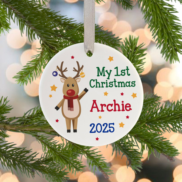 Baby's First Christmas Personalised Ceramic Decoration, 1st Christmas Reindeer Xmas Tree Bauble, Baby's 1st Christmas