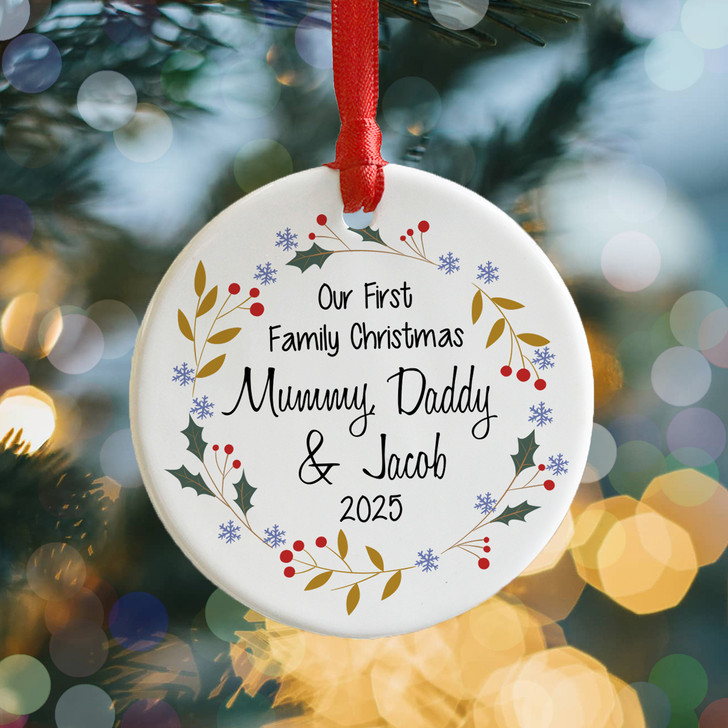 Personalised First Family Christmas Ceramic Bauble, 1st Family Xmas Decoration, New Baby's 1st Christmas Keepsake Decoration