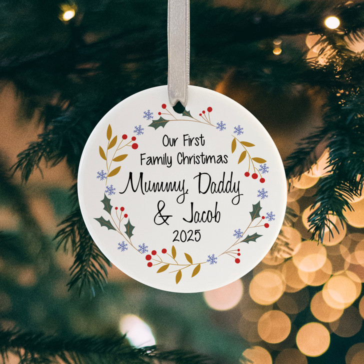Personalised First Family Christmas Ceramic Bauble, 1st Family Xmas Decoration, New Baby's 1st Christmas Keepsake Decoration