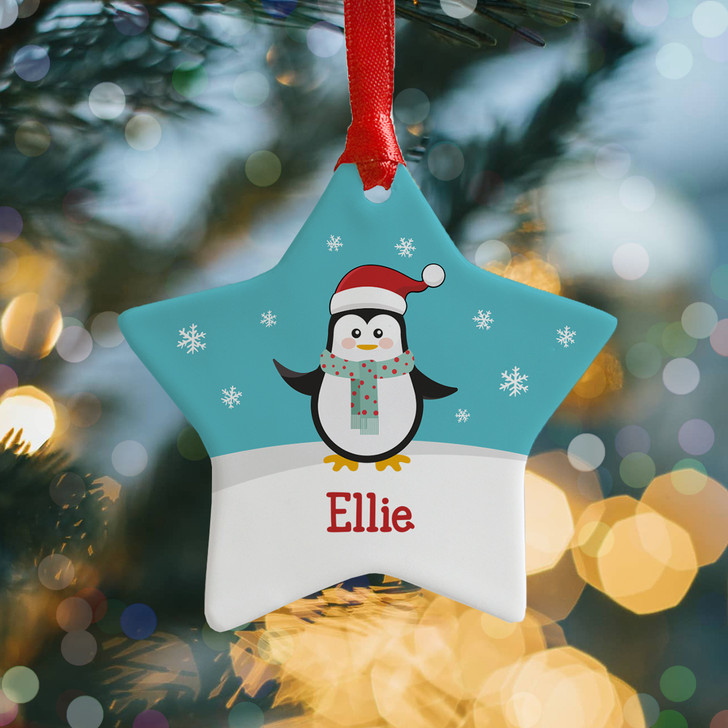 Personalised Name Penguin Ceramic Star Christmas Decoration For Kids