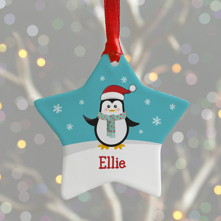 Personalised Name Penguin Ceramic Star Christmas Decoration For Kids