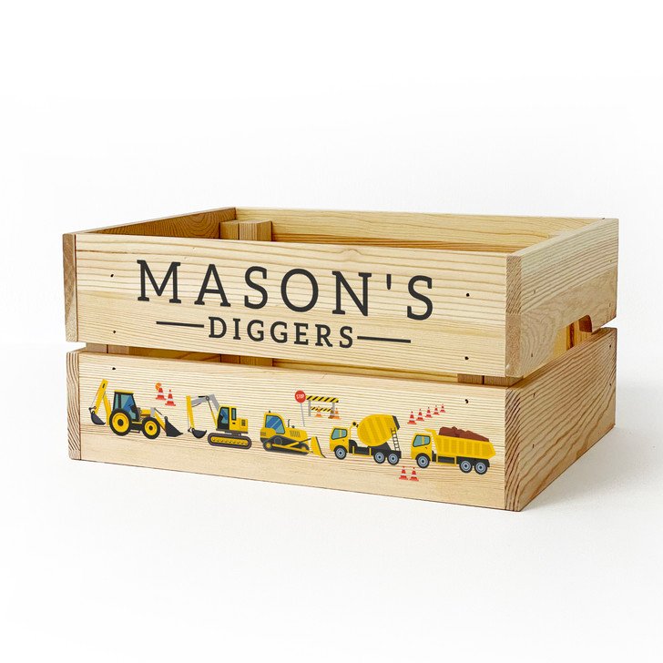 Personalised Kids Toy Diggers & Vehicles Wooden Storage Toy Box Crate for Children