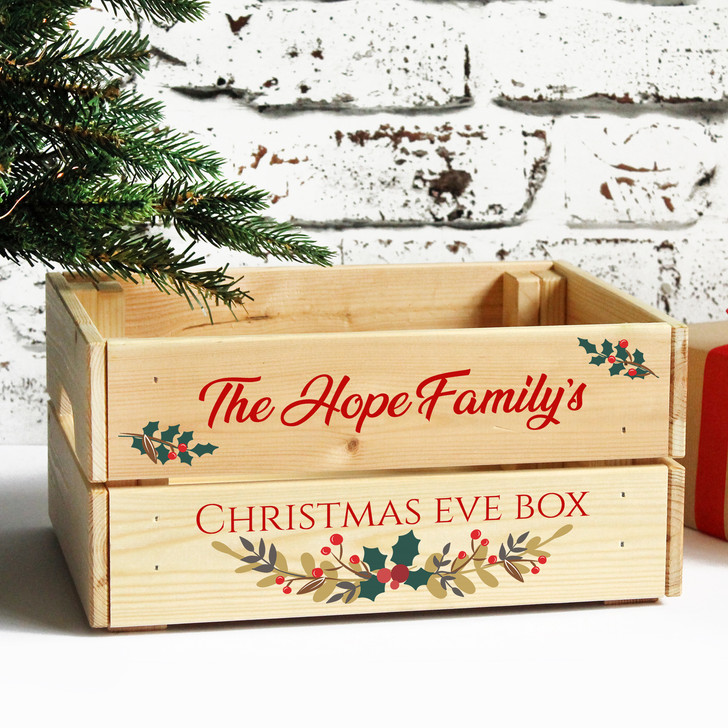 Personalised Family Christmas Eve Box, Wooden Xmas Crate Wreath Design