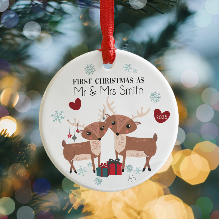 Personalised Mr & Mrs First Christmas, Woodland Reindeer Ceramic 1st Christmas Decoration Bauble