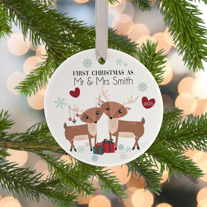 Personalised Mr & Mrs First Christmas, Woodland Reindeer Ceramic 1st Christmas Decoration Bauble