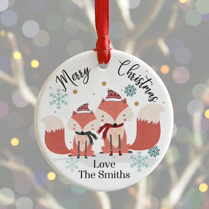 Personalised Woodland Foxes Merry Christmas Decoration, Xmas Bauble