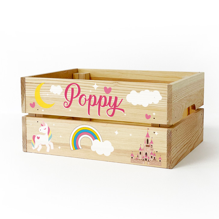 Personalised Kids Toy Unicorns & Fairy Tale Castle Wooden Storage Toy Box Crate for Children