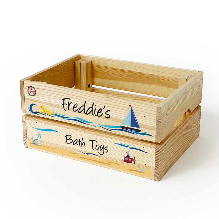 Personalised Children's Bath Toys Wooden Storage Toy Box Crate for Babies & Toddlers