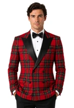 Men's double breasted tartan dinner jacket in red plaid with black lapels, front view