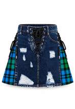 Campbell Ripped Stylish Mini Denim Tartan Skirt - Box Pleats
