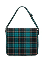 Messenger bag in teal and black tartan with adjustable shoulder strap, front view