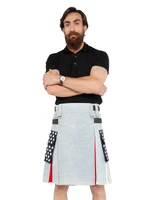 Man in navy and green tartan trousers with a green T-shirt, back view