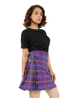 Woman in purple tartan buckle-up pleat kilt, side view showing buckles