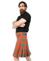 Cumming kilt in orange and green tartan, side view with arms crossed