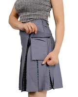Close-up of grey hybrid kilt side cargo pocket and gingham pleats