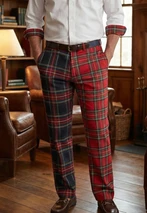 Front of trousers in red tartan and dark navy tartan contrast panels