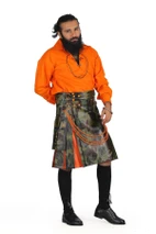 Camo leather hybrid kilt with orange pleats and chains, three-quarter view