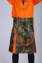 Close-up front of camo leather kilt with orange chains and studded straps