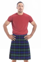 Forbes kilt in navy and green tartan, front view with red T-shirt