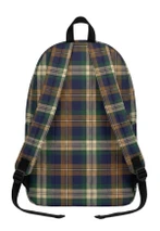Plaid backpack in navy, tan and green tartan with black straps, back view