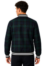 Baseball jacket in dark green and navy tartan with white striped cuffs and hem, back view
