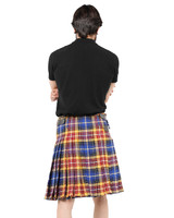 Man wearing a bespoke kilt in purple, pink and black tartan, back view with strap buckles