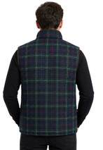 Men's tartan gilet in navy and green plaid with stand collar, back view