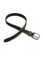 Black Leather Belt Doune Design with a green tartan inlay and silver buckle