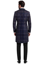Tartan tails morning coat in navy and purple plaid, back view showing the long tails