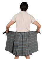 Back view of man holding open Haig Check bespoke kilt to show apron width